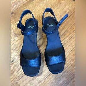 Eileen Fisher Tumbled Nubuck Leather Platform Sandal Black Sz 8 Buckle Strap
